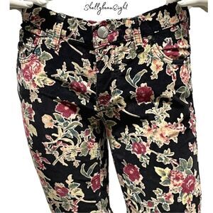 FREE PEOPLE Black Floral Print Skinny Stretch Fine Wale Corduroy Jeans Pants 28